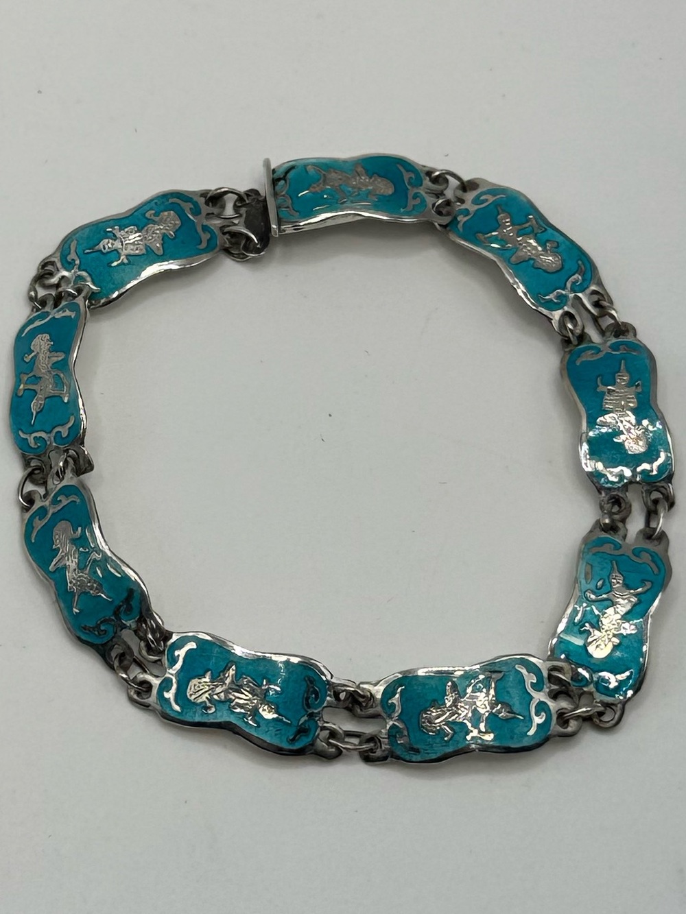 Vtg Art Deco Siam Sterling Silver Blue Enamel Link Bracelet Goddess of Lightning